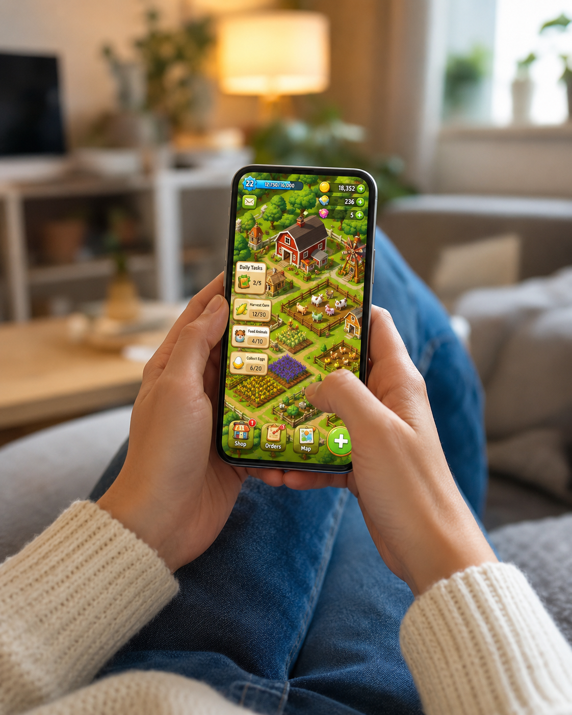 Smartphone displaying a fictional mobile game at an Australian gaming technology exhibition